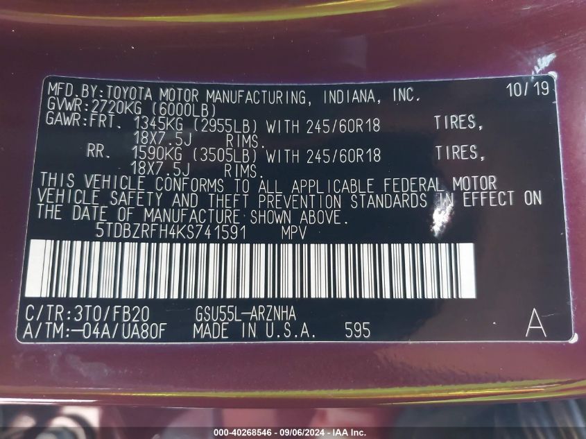 VIN 5TDBZRFH4KS741591 2019 TOYOTA HIGHLANDER LE