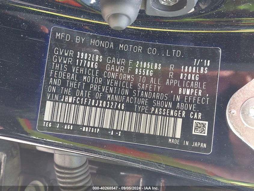 VIN JHMFC1F78JX032746 2018 HONDA CIVIC EX-L