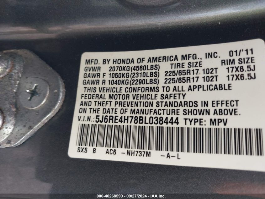 5J6RE4H78BL038444 2011 Honda Cr-V Ex-L