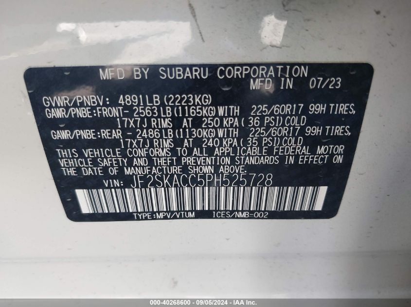 2023 Subaru Forester VIN: JF2SKACC5PH525728 Lot: 40268600