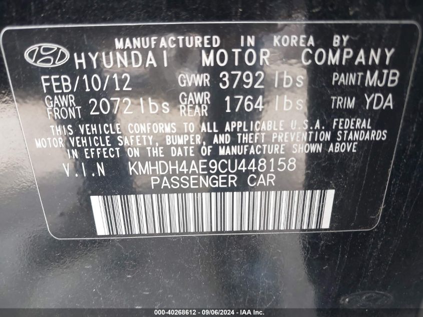 2012 Hyundai Elantra Gls (Ulsan Plant) VIN: KMHDH4AE9CU448158 Lot: 40268612