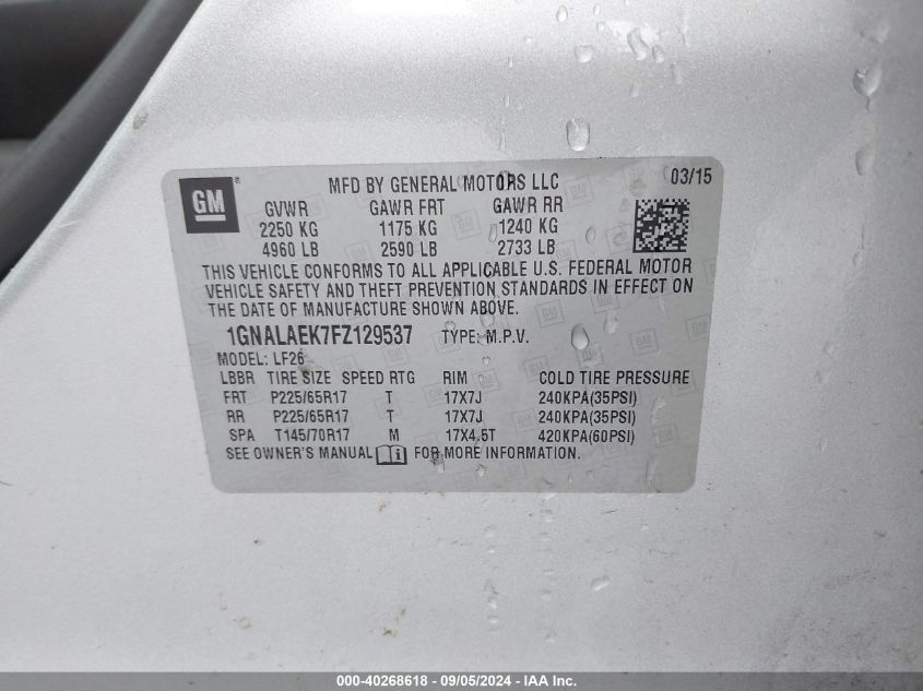 1GNALAEK7FZ129537 2015 Chevrolet Equinox Ls