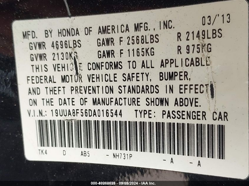 2013 Acura Tl 3.5 VIN: 19UUA8F56DA016544 Lot: 40268625