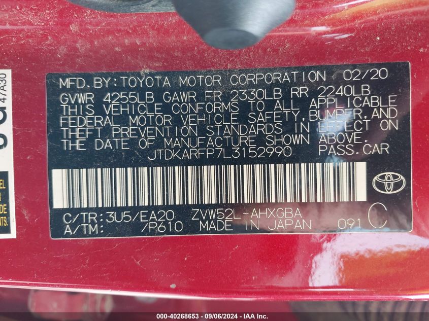 2020 Toyota Prius Prime Limited VIN: JTDKARFP7L3152990 Lot: 40268653