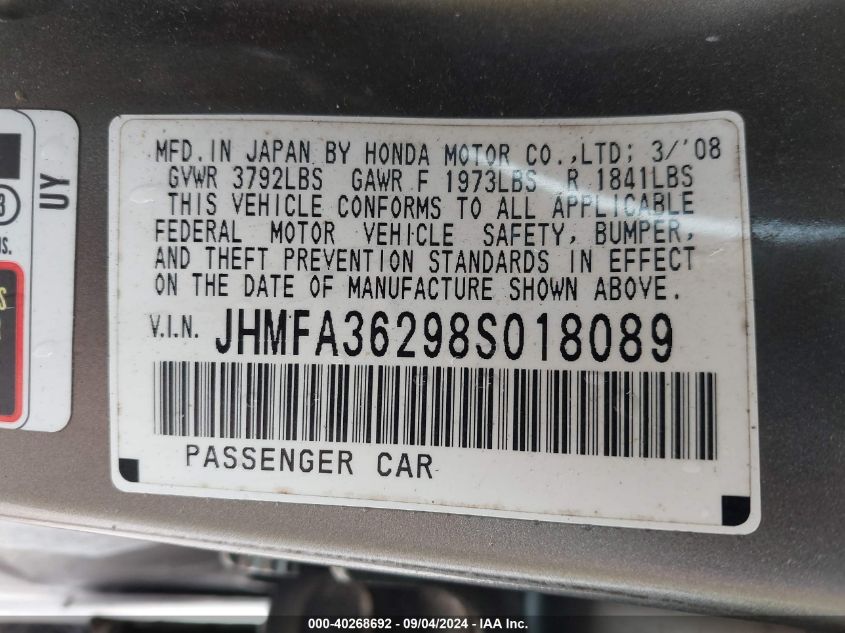 2008 Honda Civic Hybrid VIN: JHMFA36298S018089 Lot: 40268692