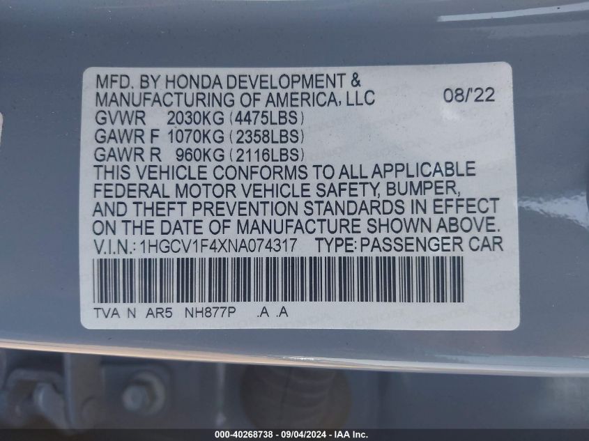 2022 Honda Accord Sport Special Edition VIN: 1HGCV1F4XNA074317 Lot: 40268738