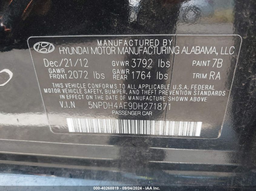 2013 Hyundai Elantra Gls VIN: 5NPDH4AE9DH271871 Lot: 40268819