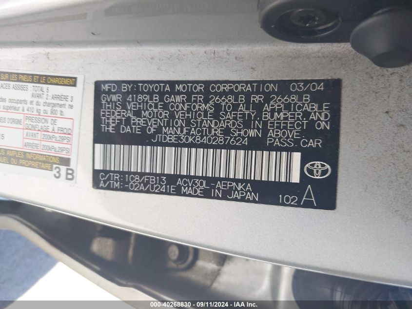 JTDBE30K840287624 2004 Toyota Camry Le/Se/Xle