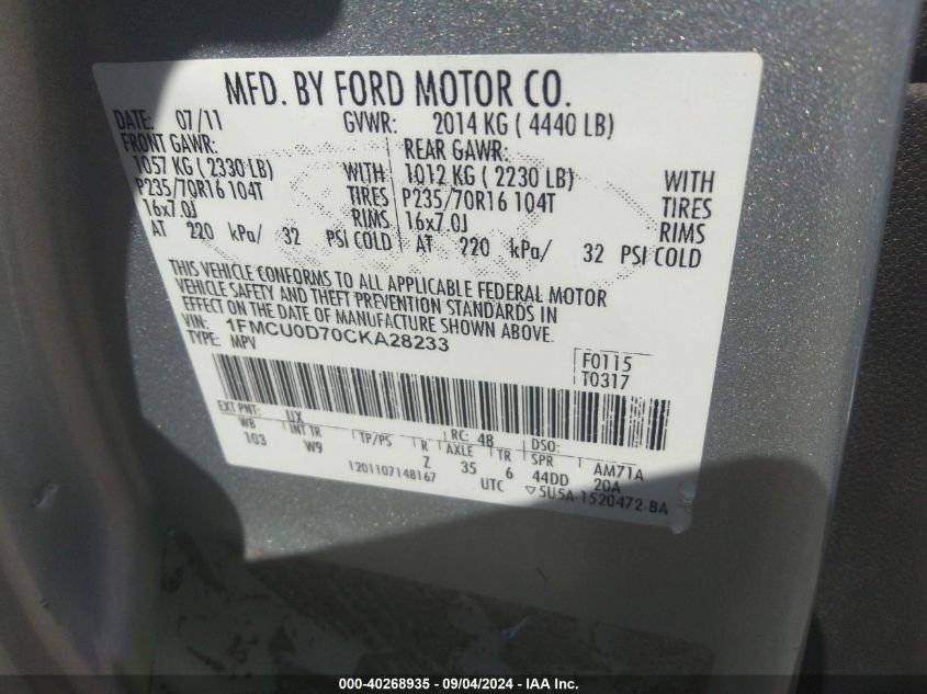 1FMCU0D70CKA28233 2012 Ford Escape Xlt