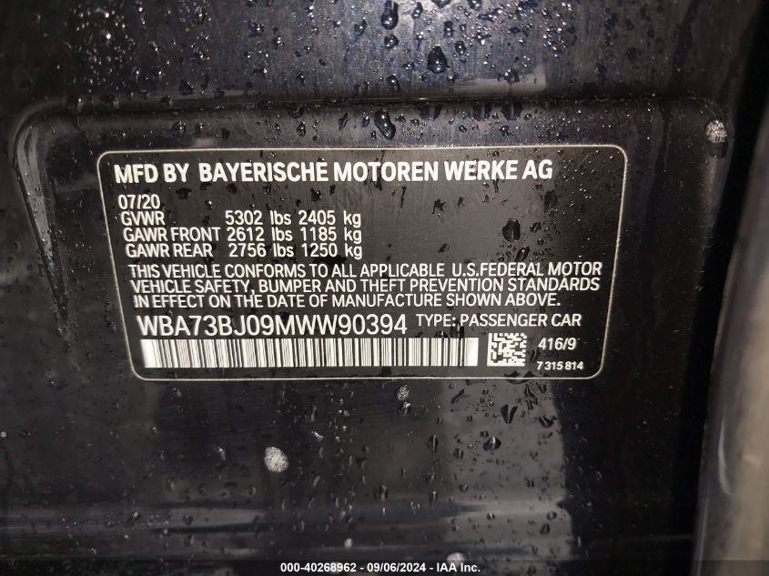 WBA73BJ09MWW90394 2021 BMW 540I xDrive