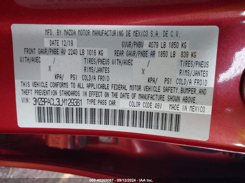 3MZBPACL3LM129381 2020 Mazda Mazda3 Select Package