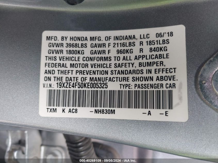 19XZE4F50KE005325 2019 Honda Insight Ex