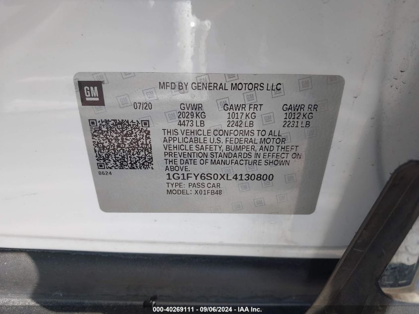 1G1FY6S0XL4130800 2020 Chevrolet Bolt Ev Fwd Lt