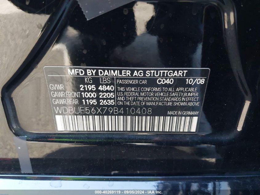 2009 Mercedes-Benz E 350 VIN: WDBUF56X79B410408 Lot: 40269119