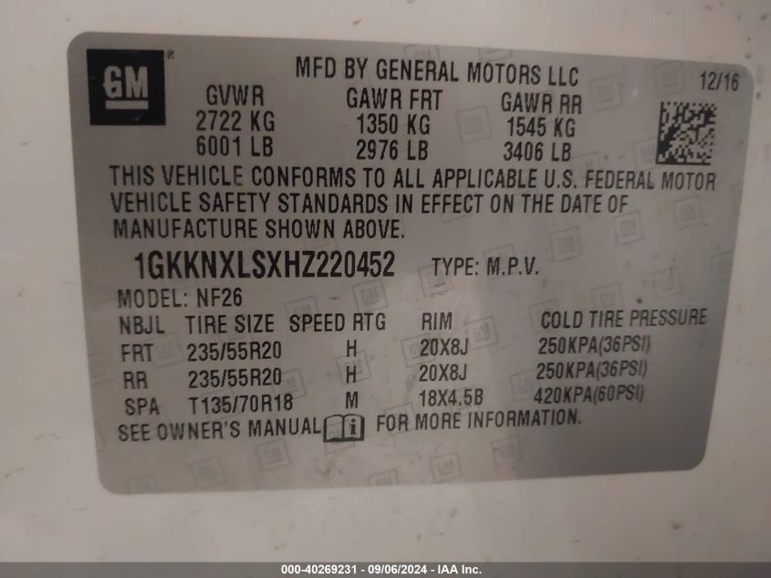 1GKKNXLSXHZ220452 2017 GMC Acadia Denali