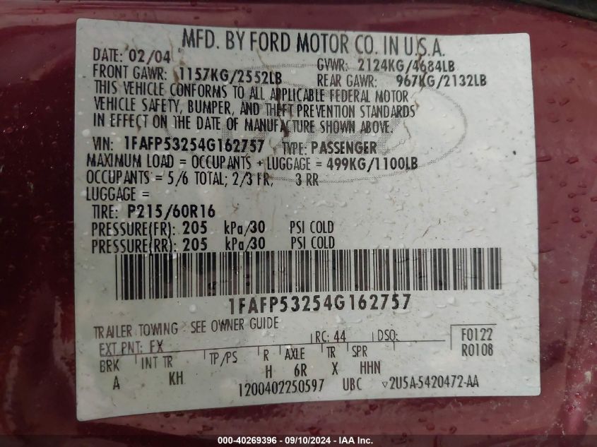 1FAFP53254G162757 2004 Ford Taurus Se