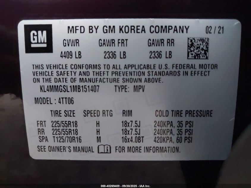 2021 Buick Encore Gx Essence VIN: KL4MMGSL1MB151407 Lot: 40269409