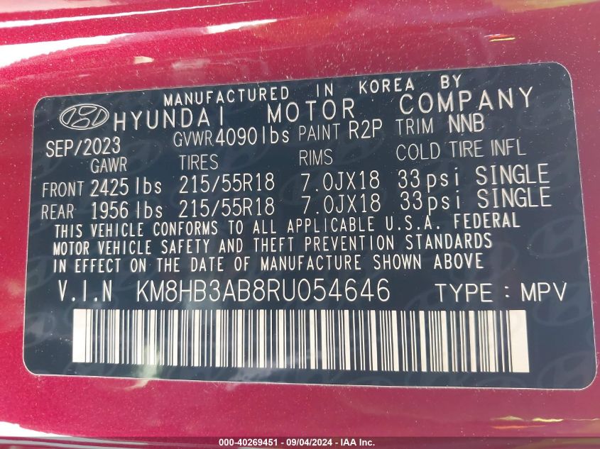 2024 Hyundai Kona Sel VIN: KM8HB3AB8RU054646 Lot: 40269451