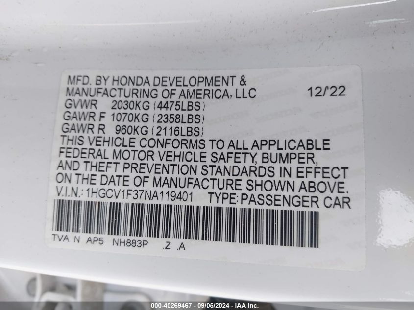 2022 Honda Accord Sport VIN: 1HGCV1F37NA119401 Lot: 40269467