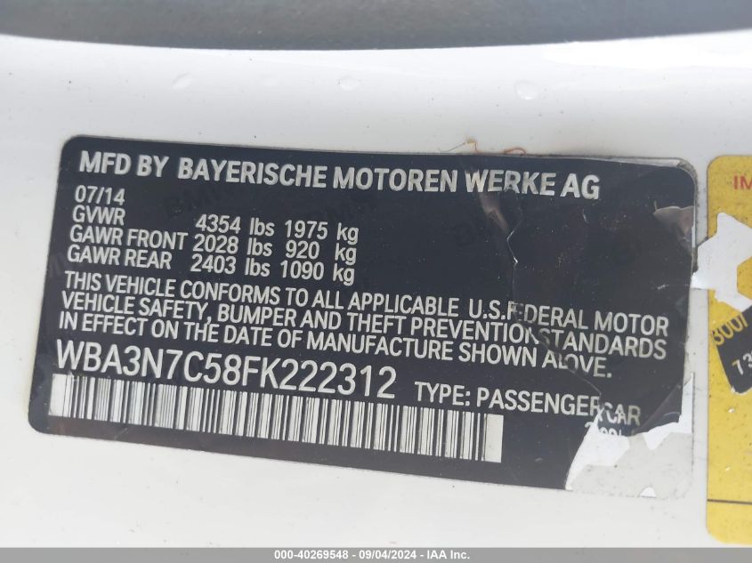 2015 BMW 428I VIN: WBA3N7C58FK222312 Lot: 40269548