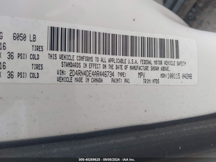 2010 Dodge Grand Caravan Se VIN: 2D4RN4DE4AR446734 Lot: 40269625