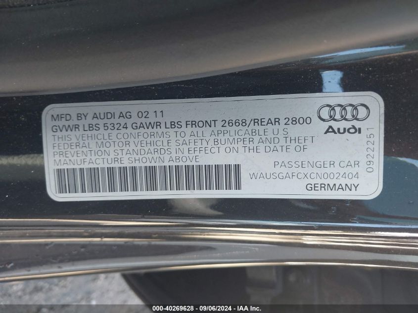 2012 Audi A7 Premium VIN: WAUSGAFCXCN002404 Lot: 40269628