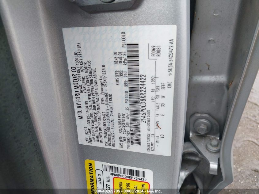 2019 FORD FUSION SEL - 3FA6P0CD8KR224422