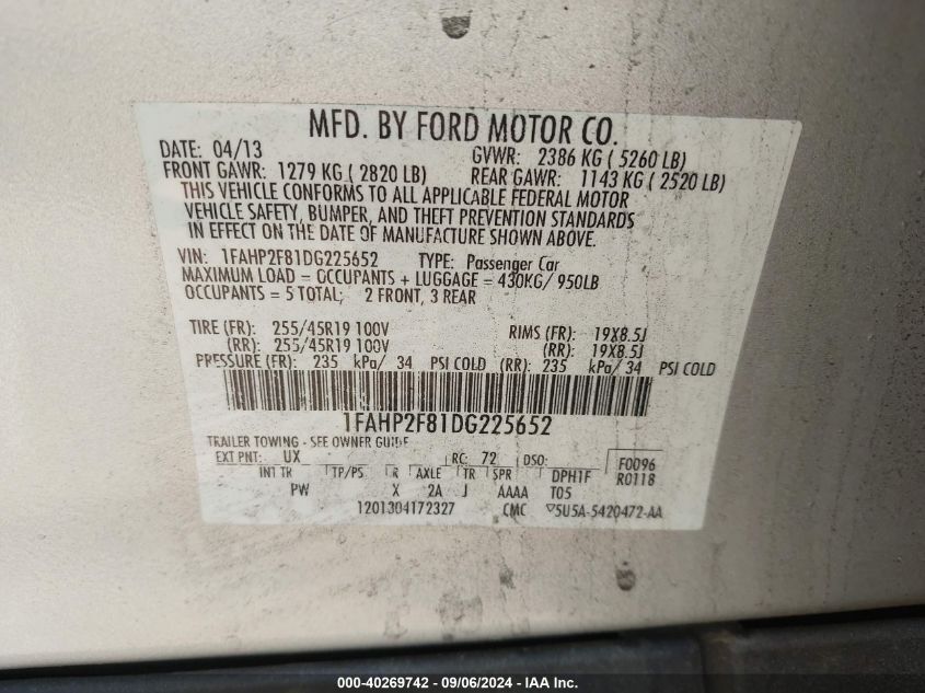 1FAHP2F81DG225652 2013 Ford Taurus Limited