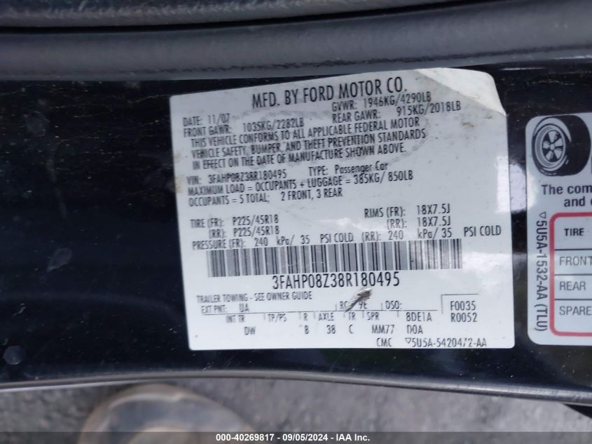 2008 Ford Fusion Sel VIN: 3FAHP08Z38R180495 Lot: 40269817