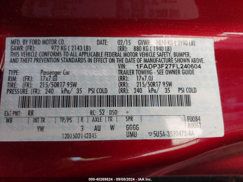 2015 FORD FOCUS SE - 1FADP3F27FL240604