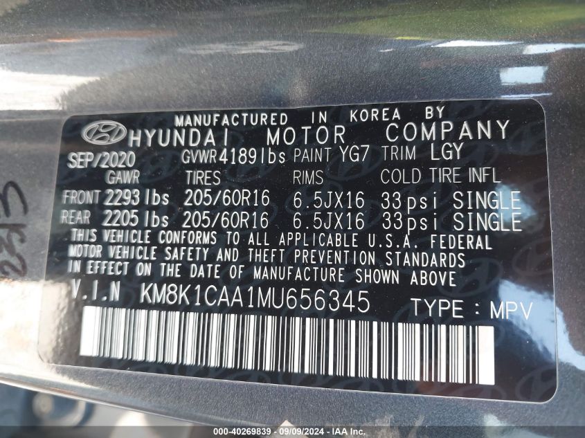 2021 Hyundai Kona Se VIN: KM8K1CAA1MU656345 Lot: 40269839