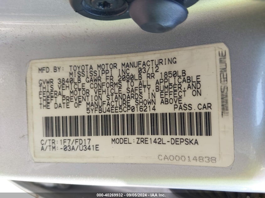 2012 TOYOTA COROLLA VIN: 5YFBU4EE5CP016214