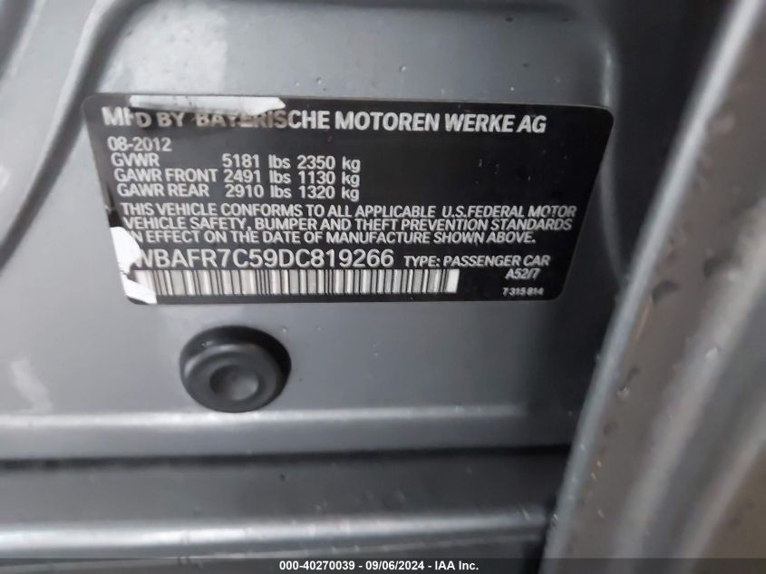 2013 BMW 535I I VIN: WBAFR7C59DC819266 Lot: 40270039