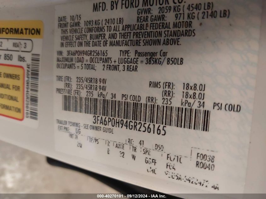 2016 FORD FUSION SE - 3FA6P0H94GR256165