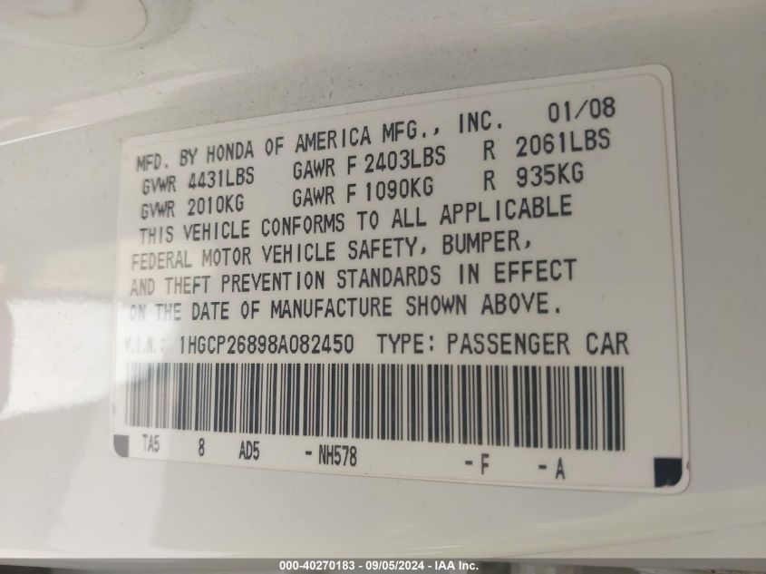 1HGCP26898A082450 2008 Honda Accord Exl