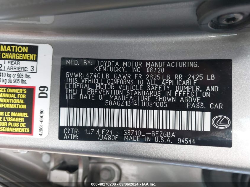 58AGZ1B14LU081005 2020 Lexus Es 350 F Sport