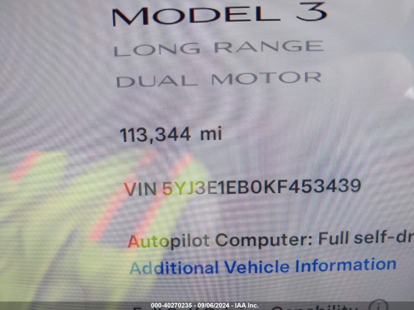 2019 Tesla Model 3 Long Range/Performance VIN: 5YJ3E1EB0KF453439 Lot: 40270235