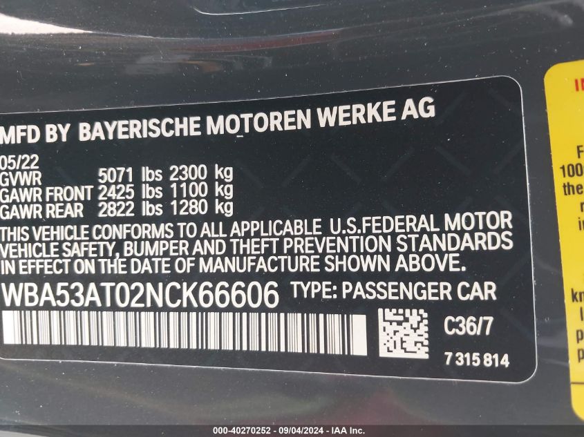 WBA53AT02NCK66606 2022 BMW M440I