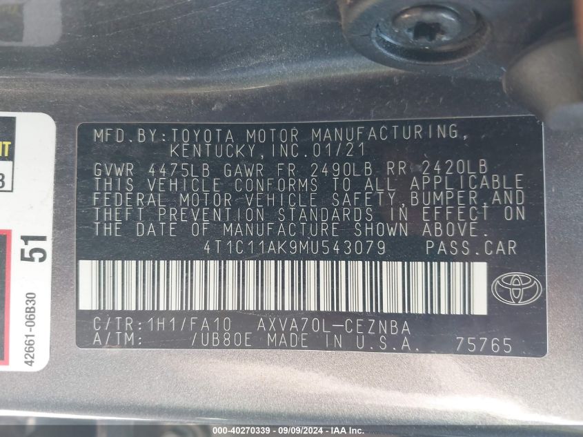 4T1C11AK9MU543079 2021 Toyota Camry Le