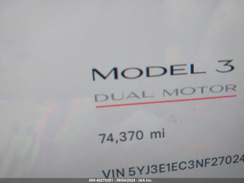 2022 Tesla Model 3 Performance Dual Motor All-Wheel Drive VIN: 5YJ3E1EC3NF270243 Lot: 40270351