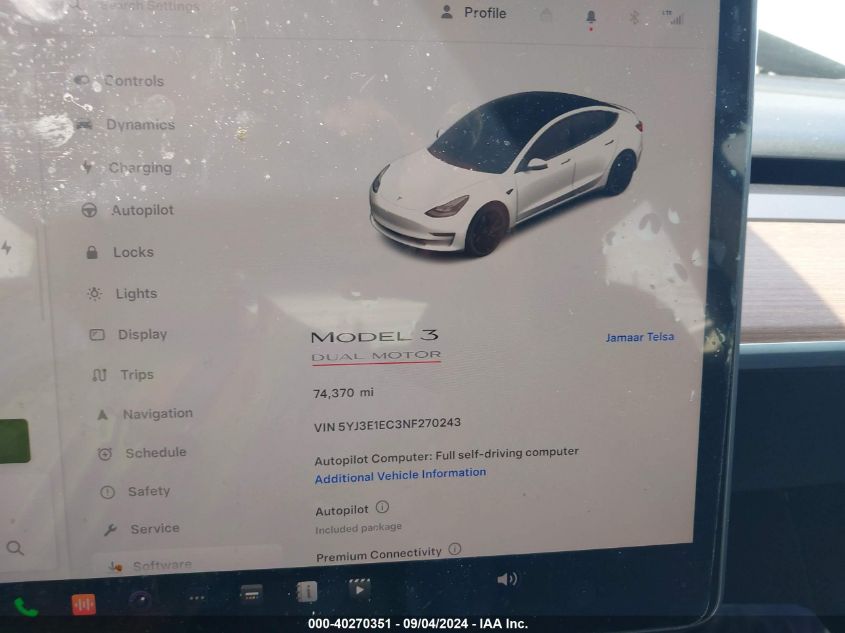 2022 Tesla Model 3 Performance Dual Motor All-Wheel Drive VIN: 5YJ3E1EC3NF270243 Lot: 40270351