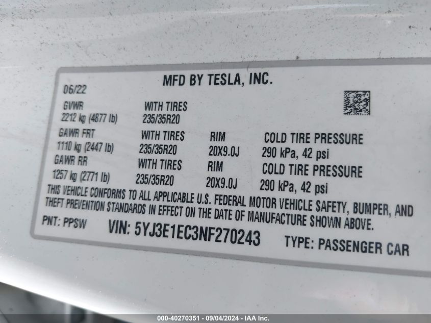 2022 Tesla Model 3 Performance Dual Motor All-Wheel Drive VIN: 5YJ3E1EC3NF270243 Lot: 40270351