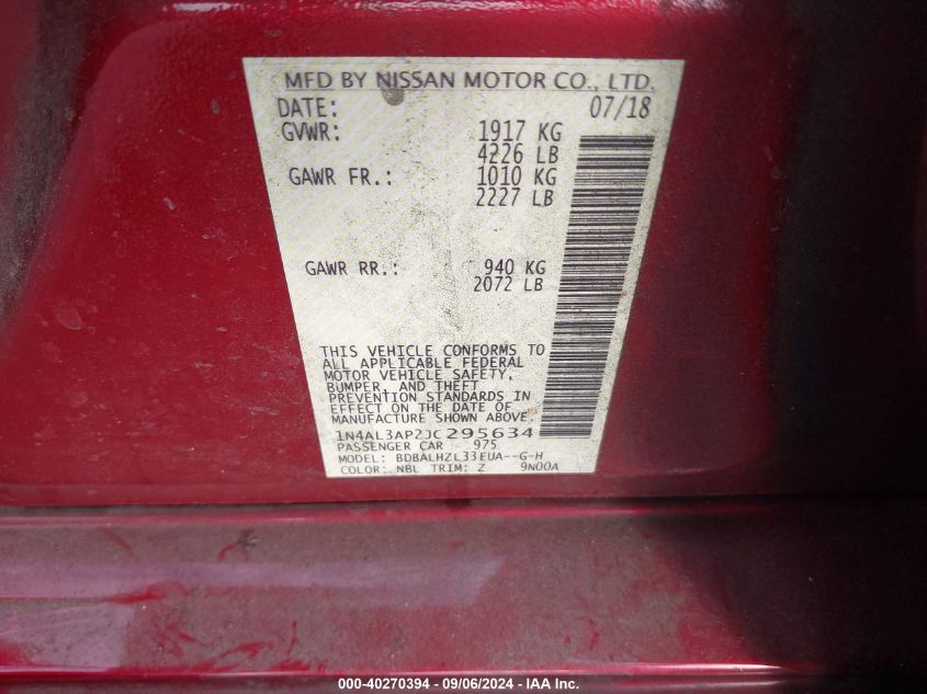 2018 Nissan Altima 2.5 Sr VIN: 1N4AL3AP2JC295634 Lot: 40270394