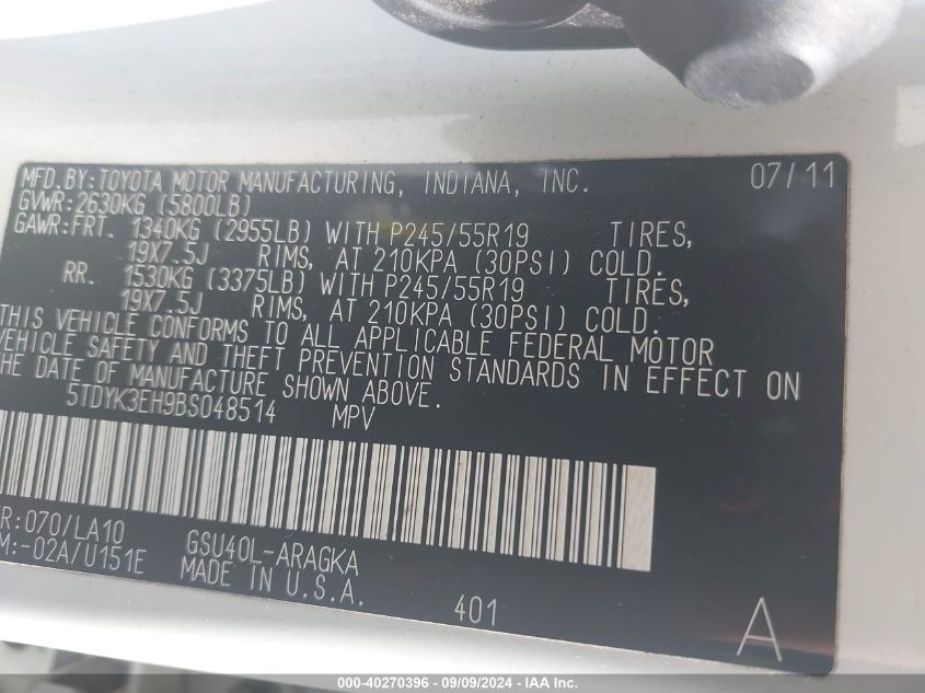 2011 Toyota Highlander Limited V6 VIN: 5TDYK3EH9BS048514 Lot: 40270396