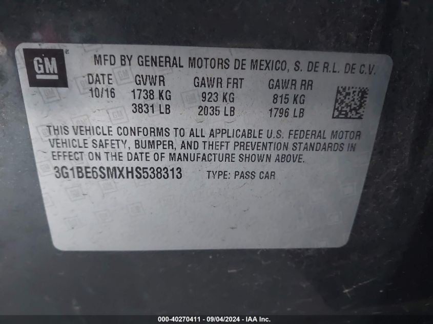 VIN 3G1BE6SMXHS538313 2017 CHEVROLET CRUZE LT AUTO