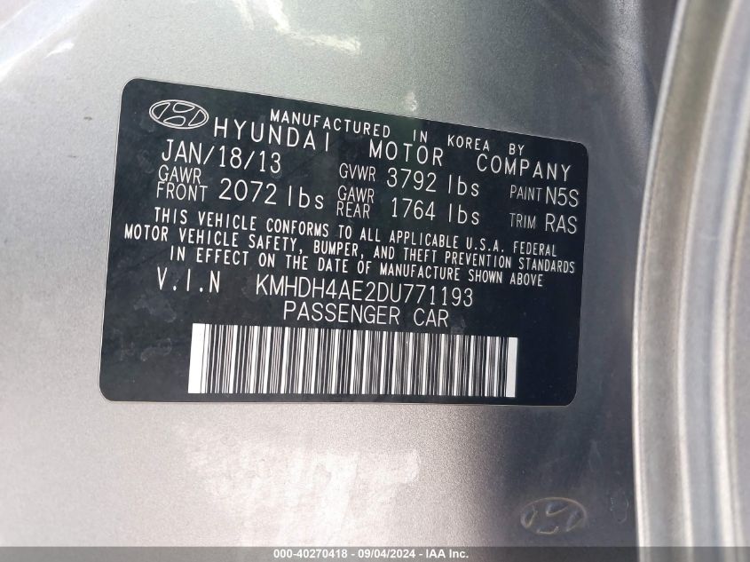 KMHDH4AE2DU771193 2013 Hyundai Elantra Gls (Ulsan Plant)