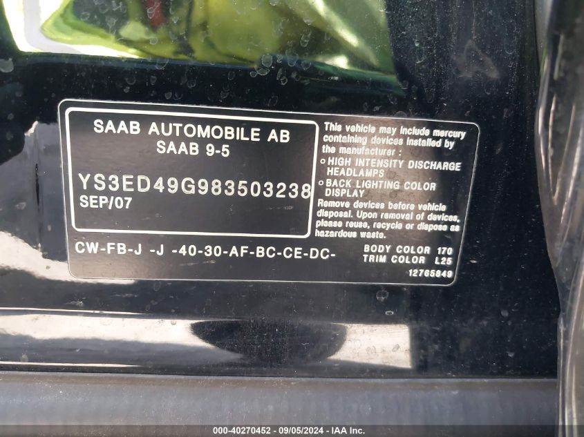 YS3ED49G983503238 2008 Saab 9-5 2.3T