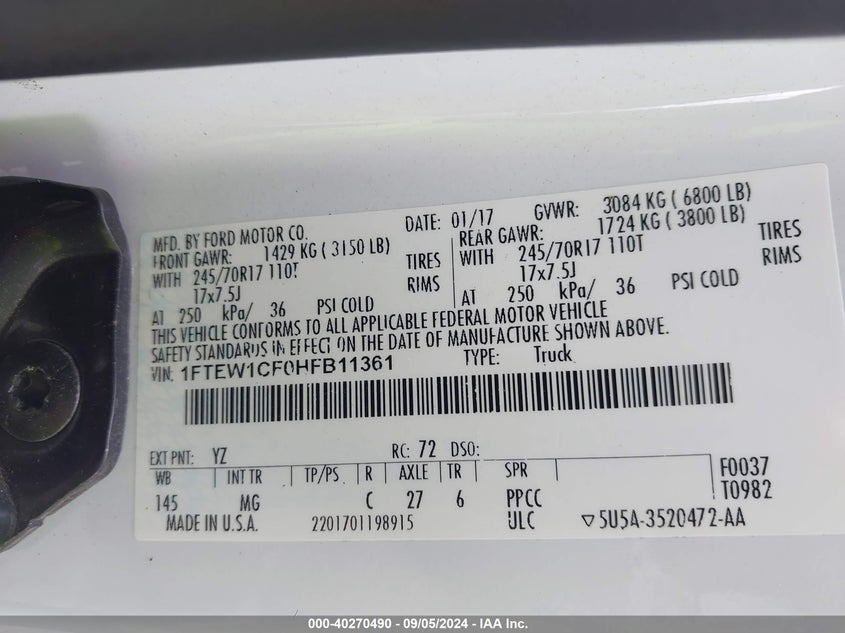 VIN 1FTEW1CF0HFB11361 2017 FORD F-150 XLT