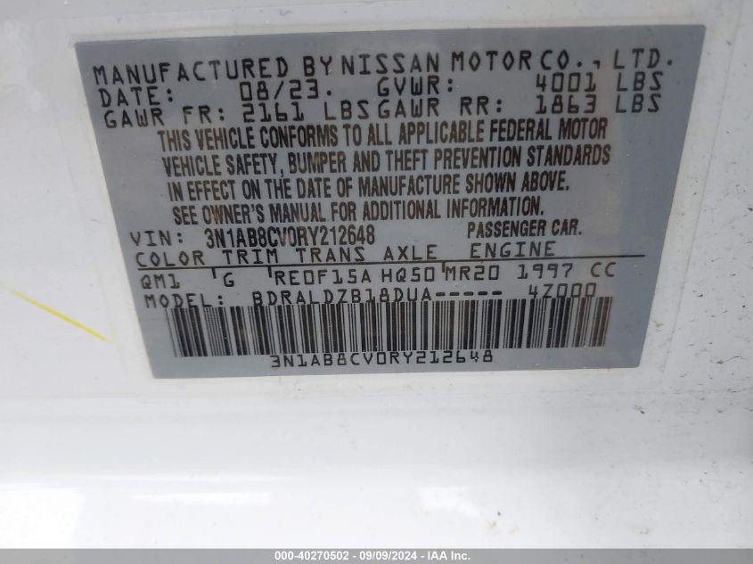 2024 Nissan Sentra Sv Xtronic Cvt VIN: 3N1AB8CV0RY212648 Lot: 40270502