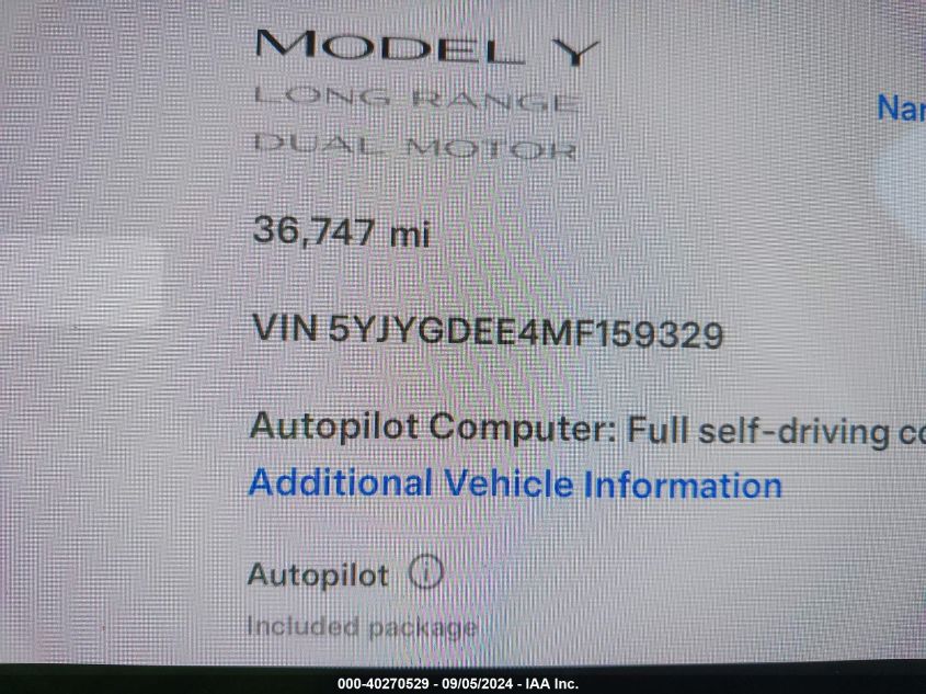 2021 Tesla Model Y Long Range Dual Motor All-Wheel Drive VIN: 5YJYGDEE4MF159329 Lot: 40270529